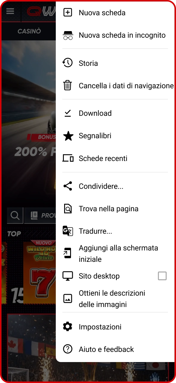 Apri le impostazioni di Quickwin sul tuo dispositivo browser.