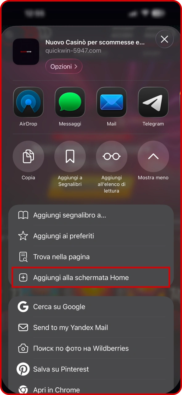Apri il menu del browser sulla homepage di Quickwin.