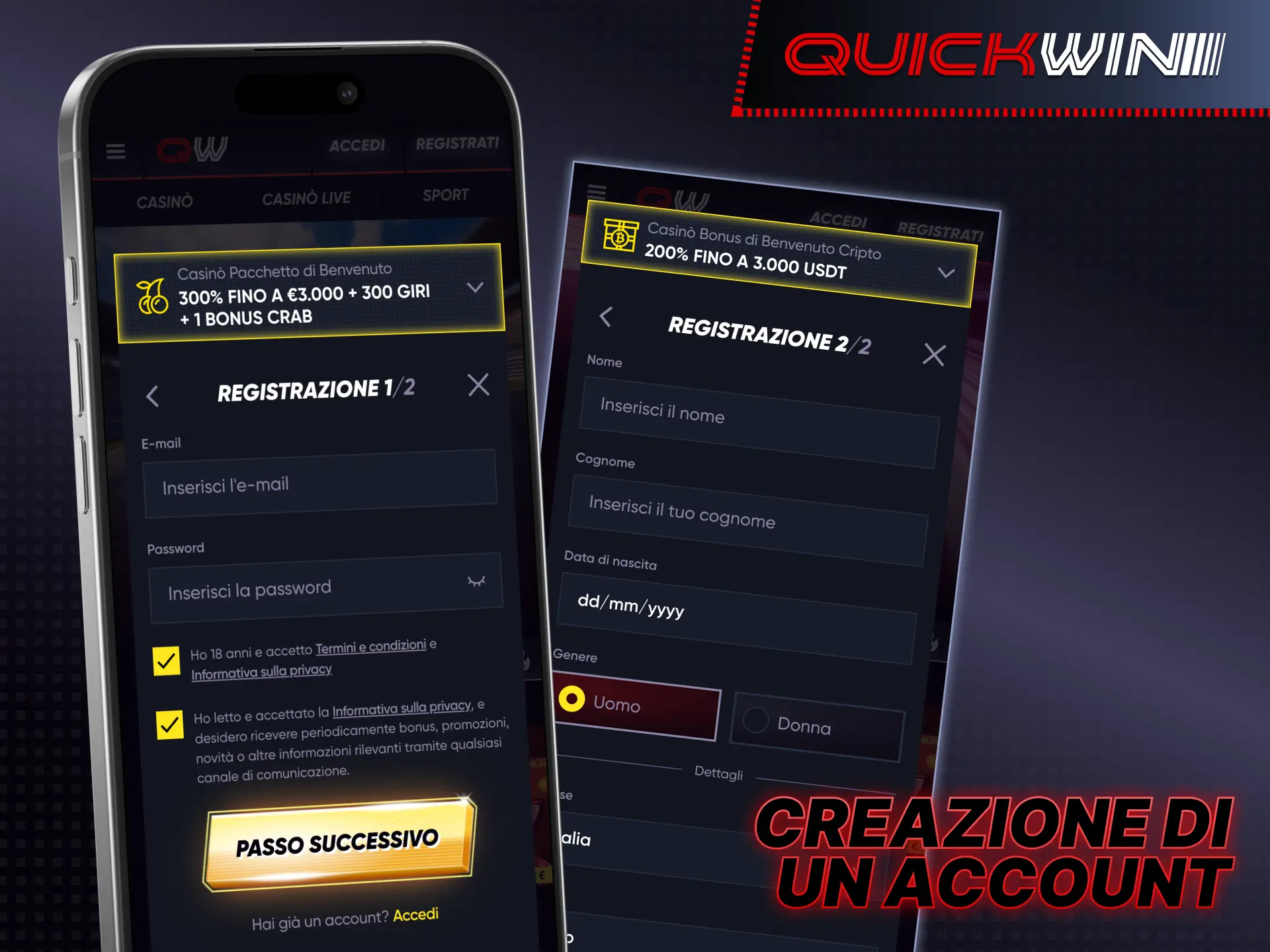 Crea il tuo account all'istante con l'app mobile Quickwin.