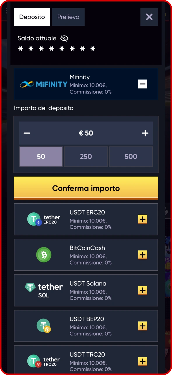Completa la procedura di deposito sull'app Quickwin.