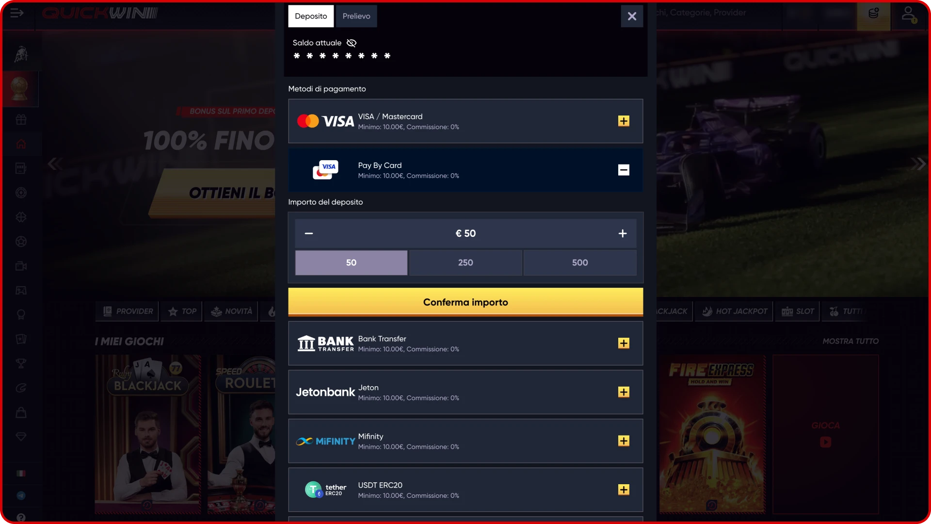 Inserisci l'importo del deposito e conferma su Quickwin.