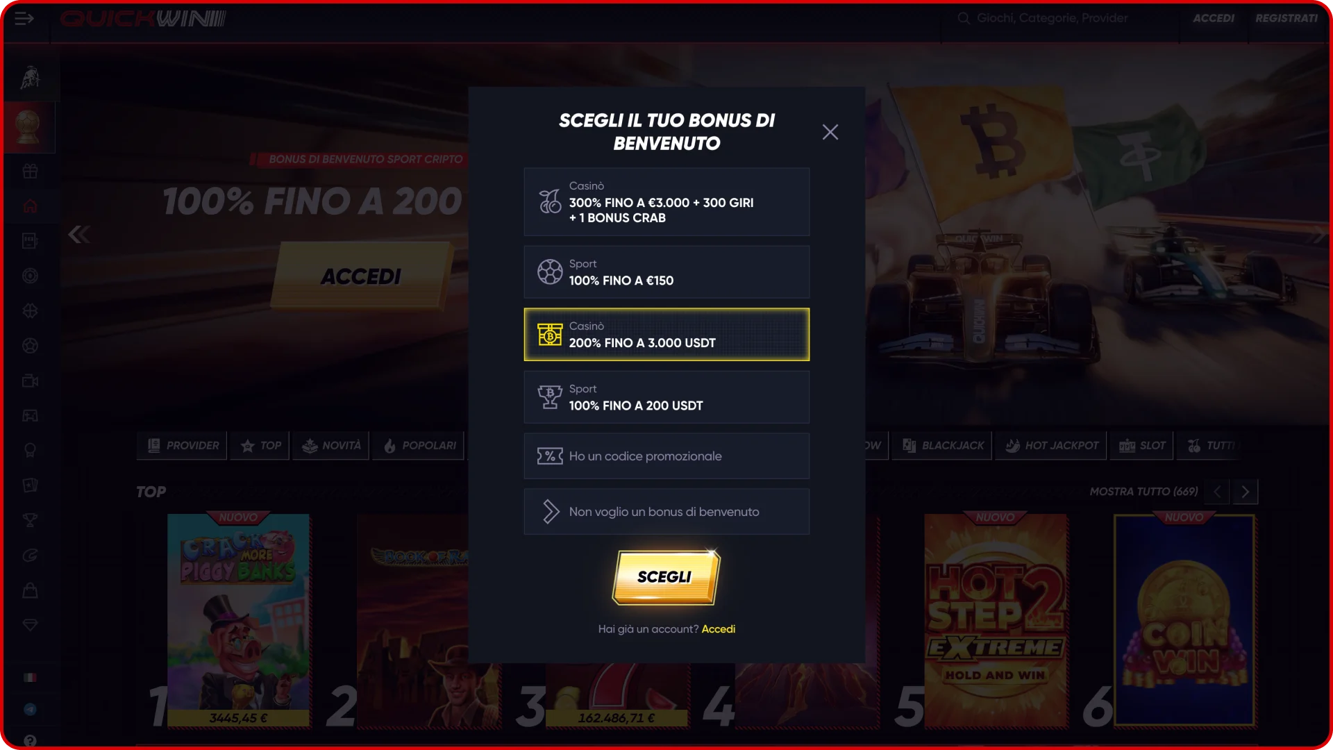 Registra un account sul sito web di Quickwin.