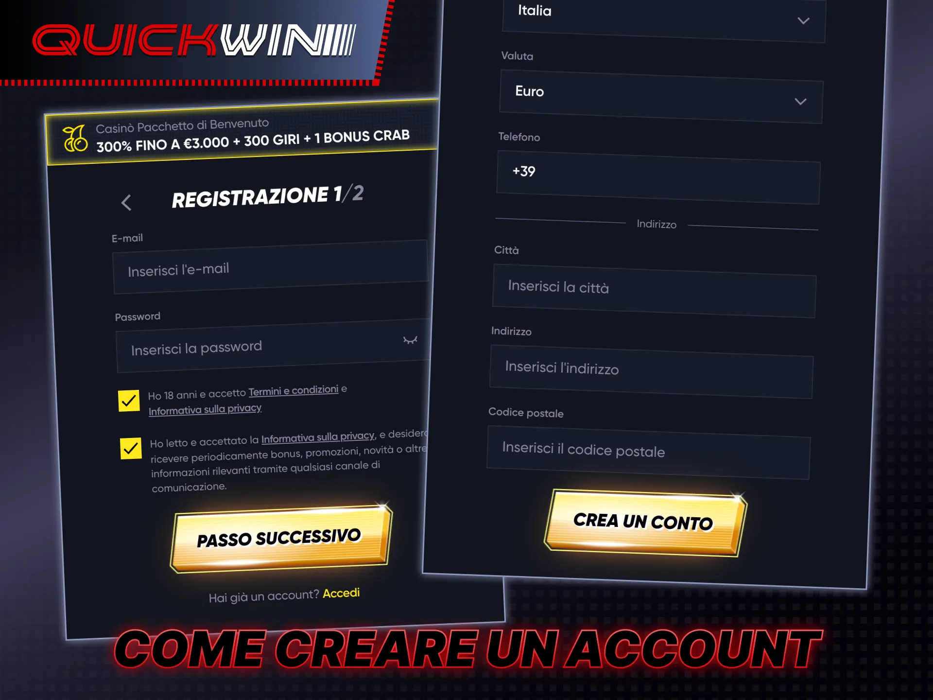 Segui questi passaggi per registrarti sulla piattaforma Quickwin.