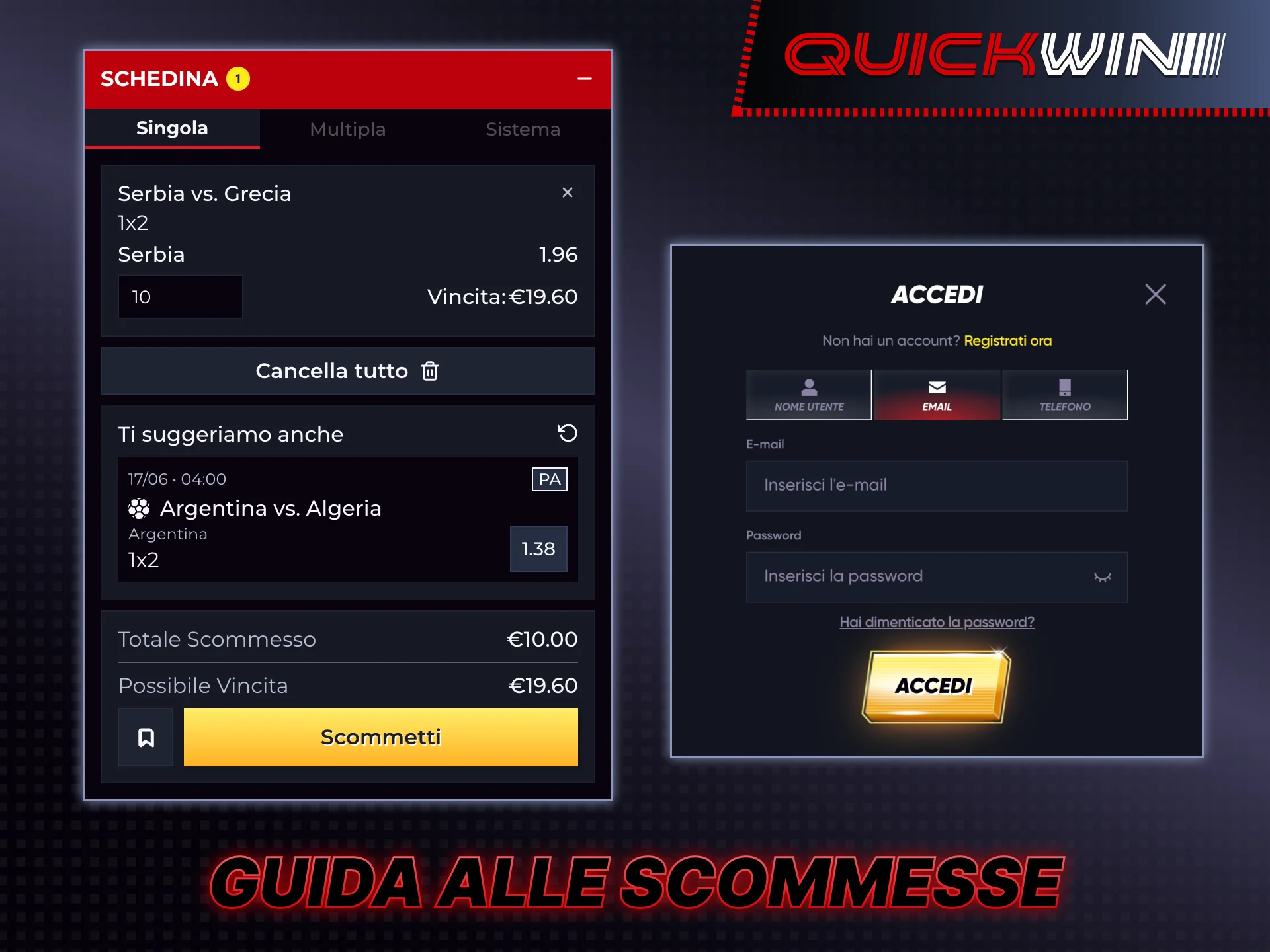 Segui la guida per piazzare la tua prima scommessa su Quickwin.
