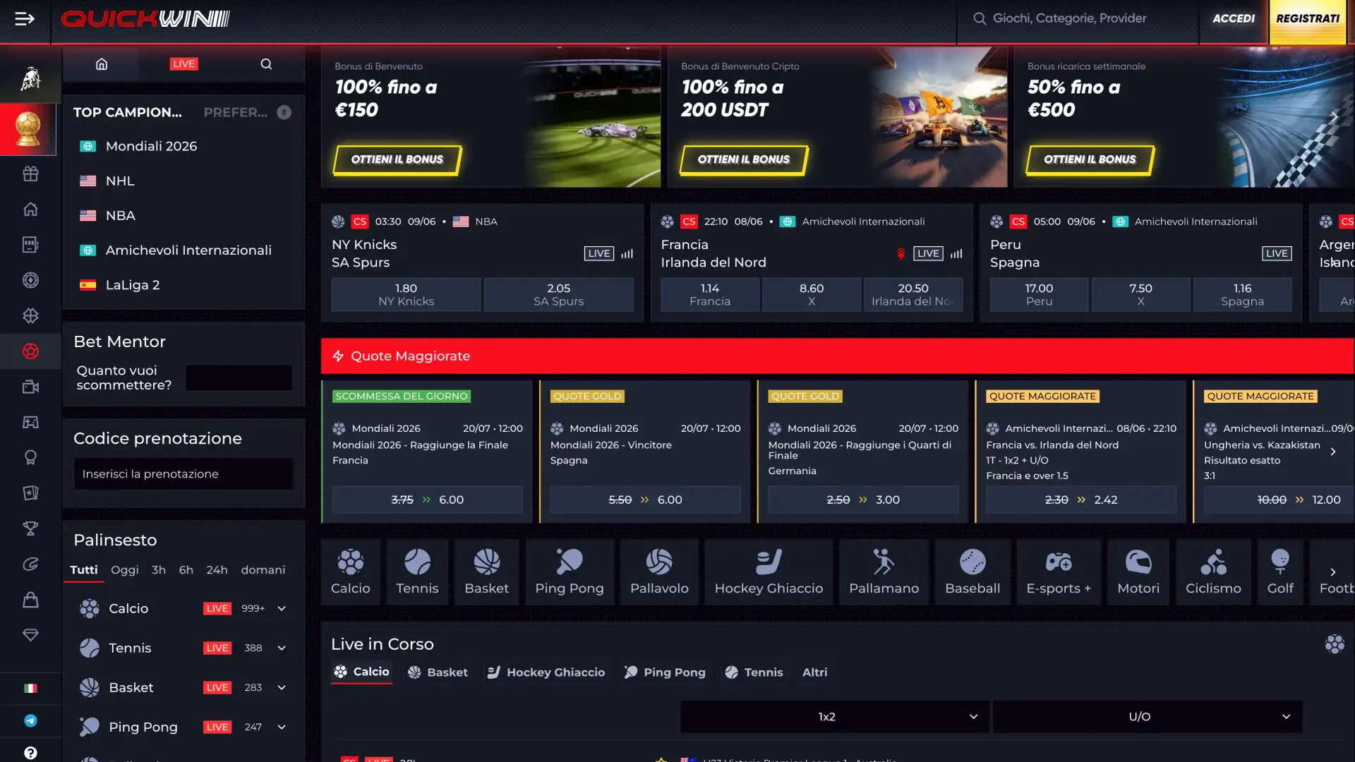 Piazza la tua prima scommessa nella sezione sportiva di Quickwin.