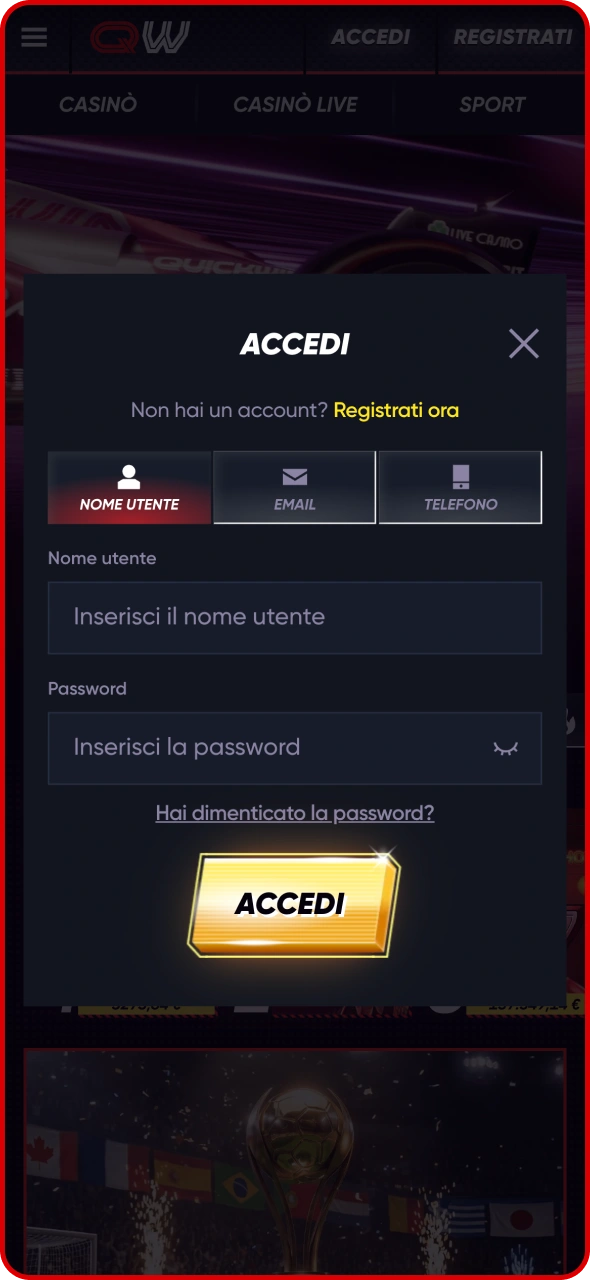 Accedi al tuo account Quickwin utilizzando le tue credenziali.