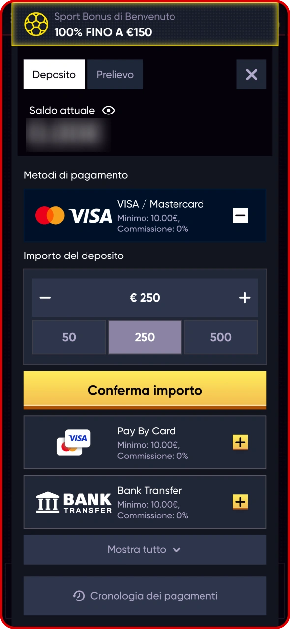 Ricarica il tuo conto per attivare il bonus Quickwin.