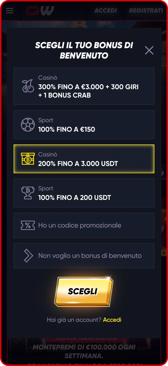 Scegli il bonus di benvenuto che preferisci su Quickwin.