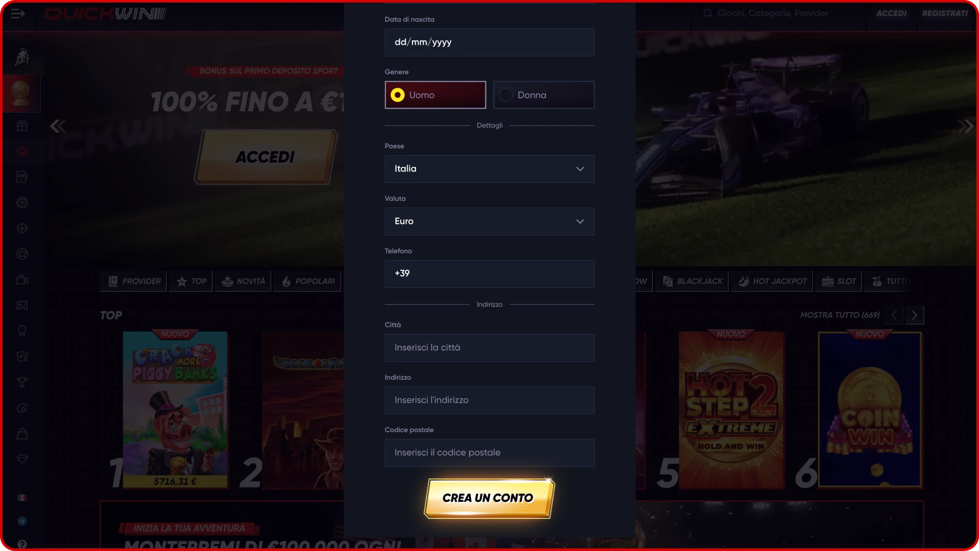 Completa la procedura di registrazione a Quickwin.