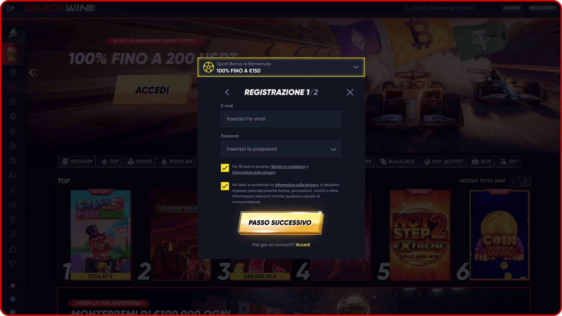Compila il modulo di registrazione Quickwin con le informazioni necessarie.