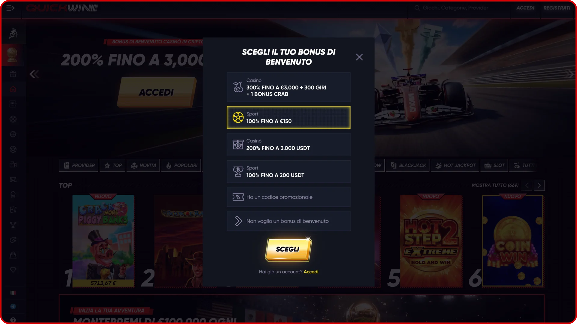 Scegli il tuo bonus di benvenuto su Quickwin.