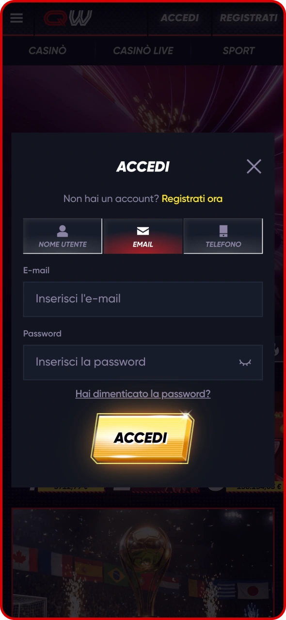 Accedi al tuo account sulla pagina principale di Quickwin.