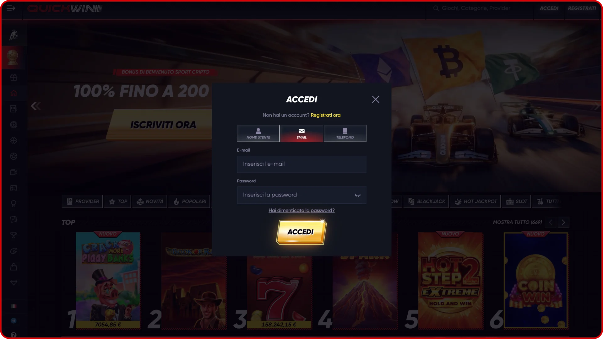 Accedi al tuo account esistente sulla piattaforma Quickwin.