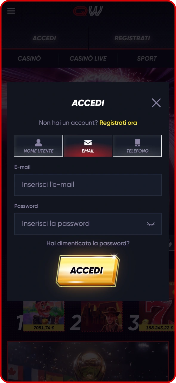 Apri l'applicazione Quickwin e procedi alla sezione di accesso.