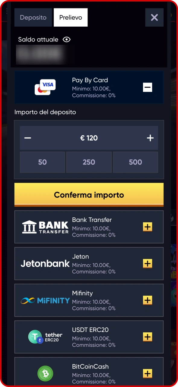 Seleziona l'importo che desideri prelevare e conferma la procedura Quickwin.
