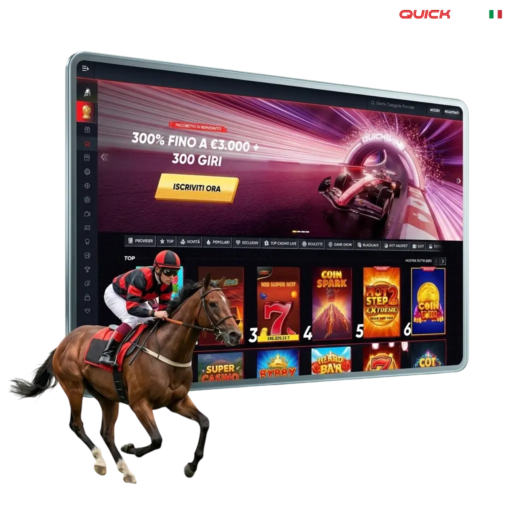Scommesse sulle corse di cavalli su Quickwin: galoppo, trotto e grandi eventi con bonus benvenuto 500 EUR