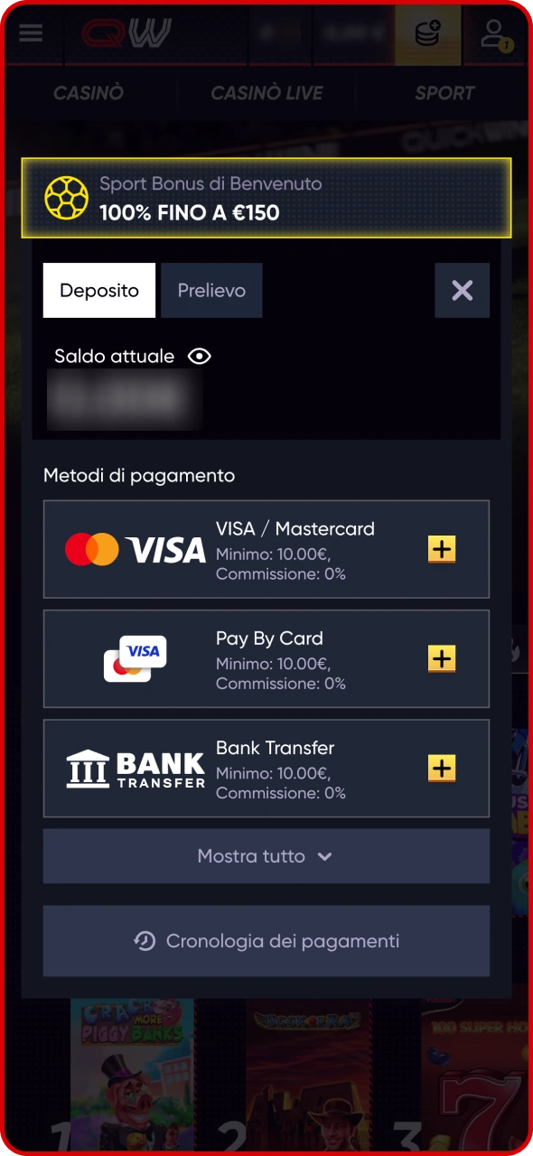 Effettua un deposito sulla piattaforma Quickwin per piazzare una scommessa.