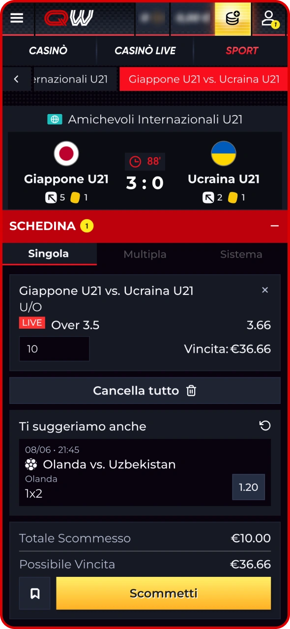 Inserisci l'importo e completa la procedura di scommessa Quickwin.
