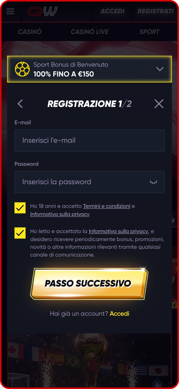 Registra il tuo account sulla piattaforma di scommesse Quickwin.