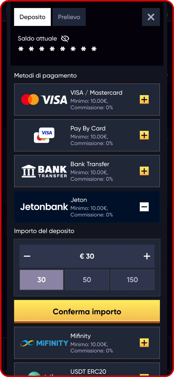 Effettua un deposito sulla piattaforma Quickwin.